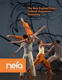 Cover of New England Dance Cultural Organizers Convening report. Dancers in orange pants lift each other over each other's shoulders.