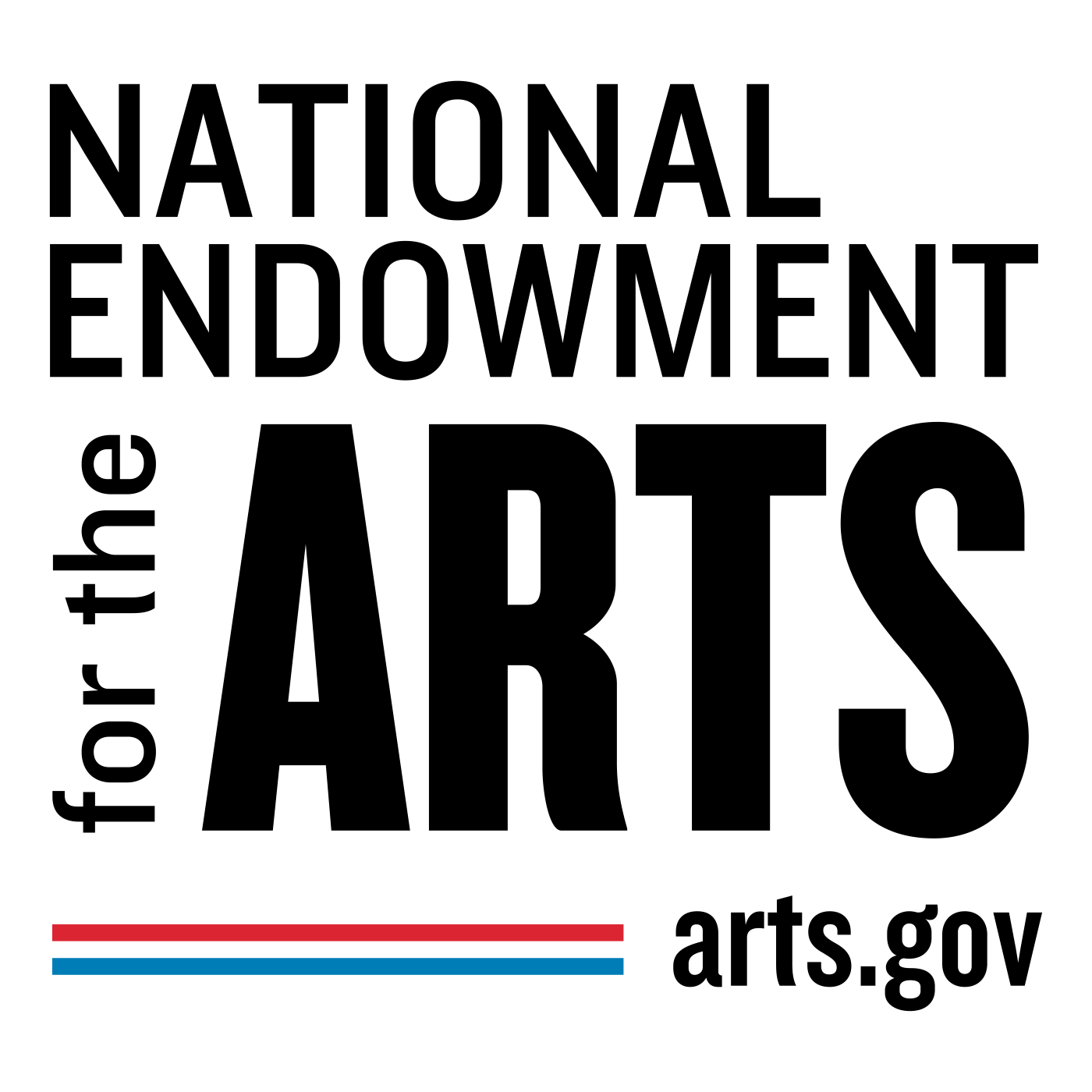 National Enodwment for Arts logo with "for the" sideways next to a bold "Arts" and over red and blue stripes leading to arts.gov.