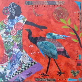 a colorful paper collage featuring a woman dressed in florals reaching toward an emu underneath a large rose
