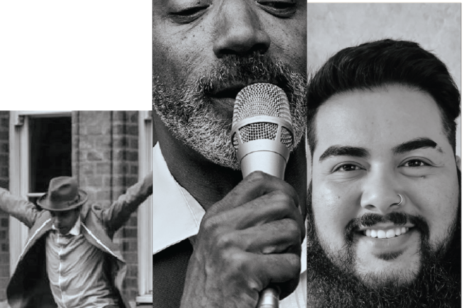 A collage of five men of color, dancing, posing, singing, speaking.