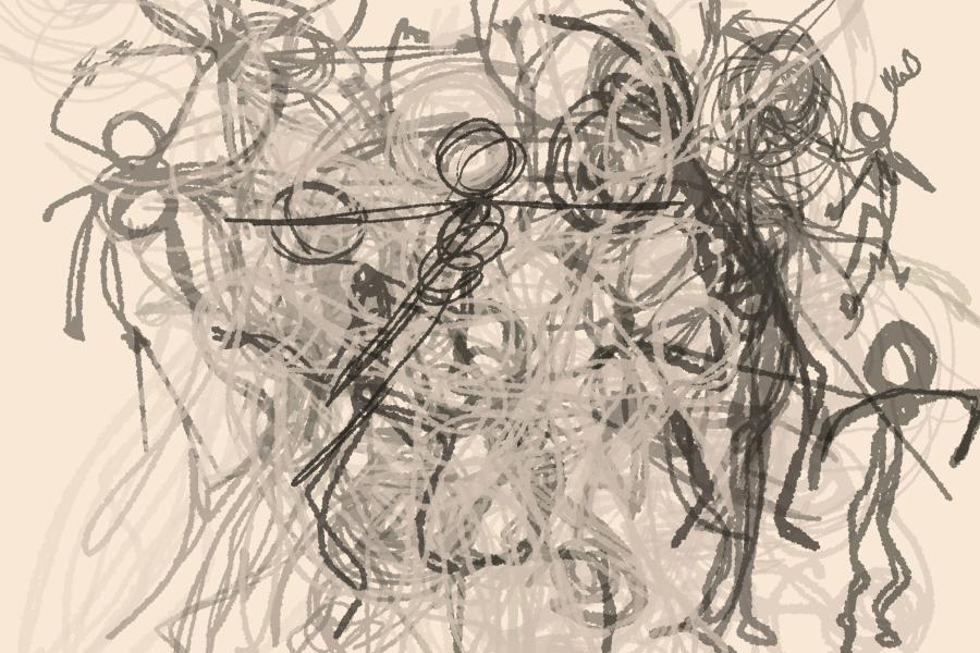 Against a light tan background, a digital abstract passionately kinetic drawing of line figures embodies several dancers in shades of dark tan, black, and grey, at times still, gesturing, jumping or moving through space, layering figures on top of each other.