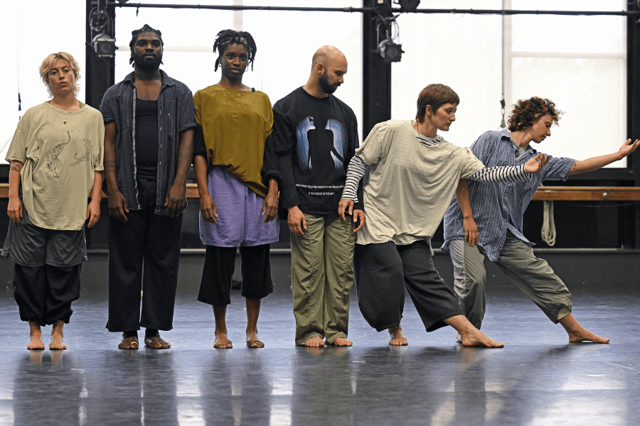 Six people stand in a land. Four of them stand still while the two on the right dance.
