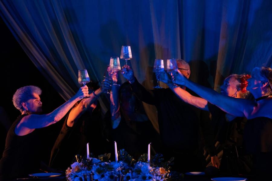 Elderly folks cheers their wine glasses over a cloth covered table. 