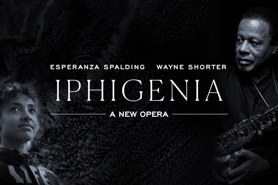 "Iphigenia: A New Opera" over portraits of Esperanza and Wayne.