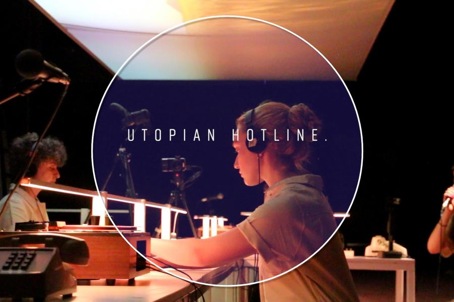 At desks, three folks wear headsets and are mic'ed. Over the image: a circular frame with "Utopian Hotline" in the center.