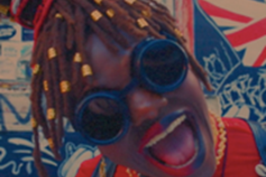 A Black woman with braids, and wearing goggles and red and blue lipstick on the left and right halves of her mouth, smirks.