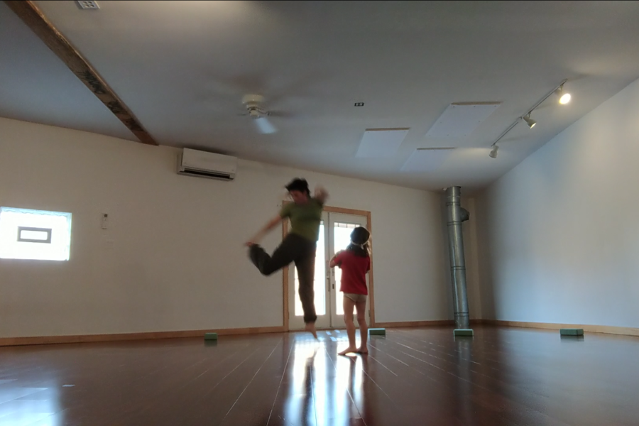 In a dance studio, a dancer leaps next to a child.