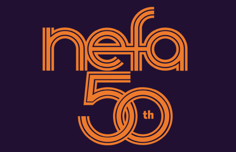 Orange NEFA 50th Logo over purple. A black and white image of a large puppet head with a band of folks in matching masks in the mountains. 