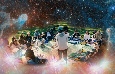 Collage of a photo of folks sitting in a circle on some blankets over a blue galaxy.