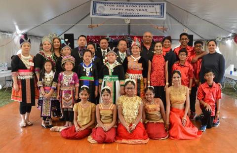 Dancers from Hmong United Association of Rhode Island and India Association of Rhode Island pose together after performing