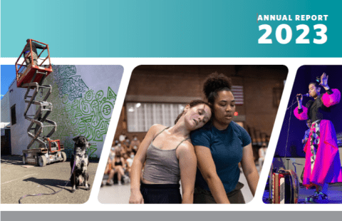 Cover of NEFA 2023 Annual Report with images of a person on a lift painting a mural, two dancers shoulder to shoulder, and a singer holding a microphone and wearing bright pink dress with an accordion in the foreground.  