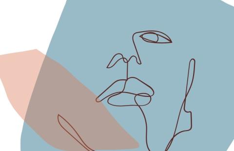 A line sketch of a face over blue and orange blobs.