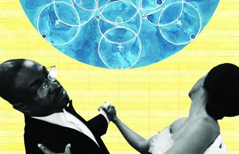 A couple in black and white dances over an orange background with a blue orb containing a multitude of white circles.