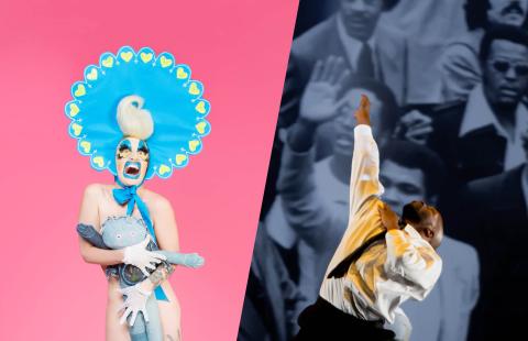 A collage of a white woman in baby femme drag and a Black man in a shirt and tie throwing his arm up in front of a black and white projection.