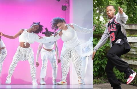 A collage of two images where the subjects bleed into each other: a Black man, in a Chicago Bulls jersey, dances in a driveway and a group of Black women, in white outfits, dance on a stage with a bright pink background.
