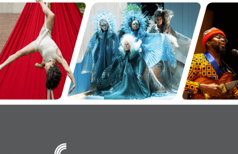 Cover of NEFA's FY22 annual report, featuring images of an upside-down performer, an ensemble in icy blue sparkly costumes, and a man wearing a bright hat and shirt singing into a mic and playing a guitar.