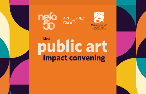 the public art impact convening design has a groovy, colorful background pattern.