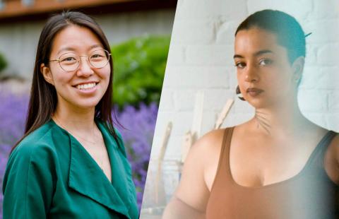 Jeena wears a turquoise blouse. She's an Asian woman with long dark hair. She's next to flowers. Rixy is a brown woman who wears a brown tank top, in her studio.