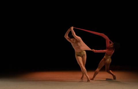 Two dancers tug at each other's mesh outfits.