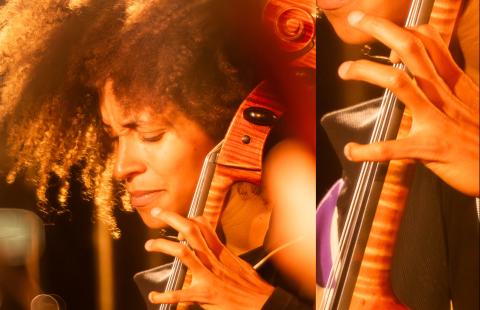 Repeating image of a Black woman playing the standing bass with a microphone in front of her.
