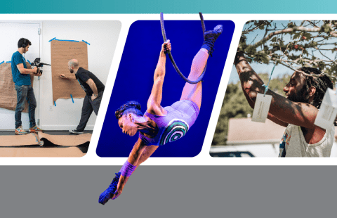 A film strip where folks are experiencing or creating art and one circus performer's arm extends beyond the strip.