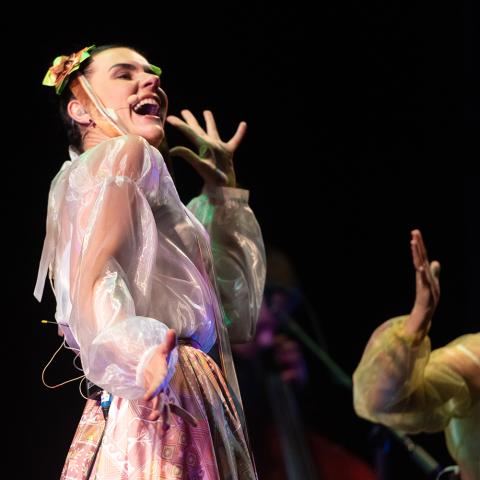 A woman with braids sings and dances.