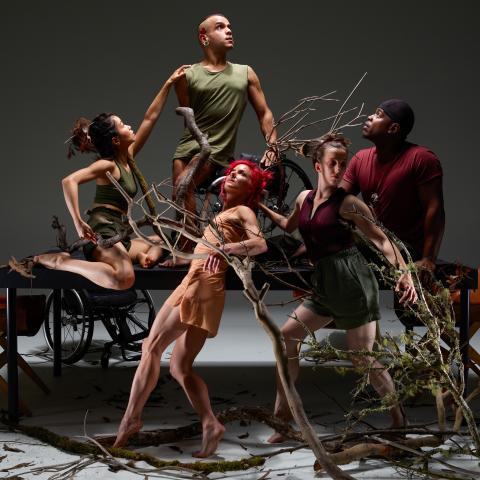 In front of a white backdrop, five performers climb a table and pose by shrubs  and large branches that have been placed on the ground.