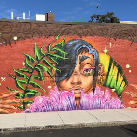 A brightly painted mural on a brick wall of a figure wearing pink and holding ferns; the figure has a glamorous manicure.