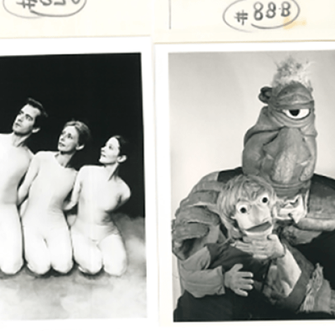 A collage of three silver gelatin printed black and white images. A trio of folks in spandex, puppet characters, and two Black actors in stage lighting.