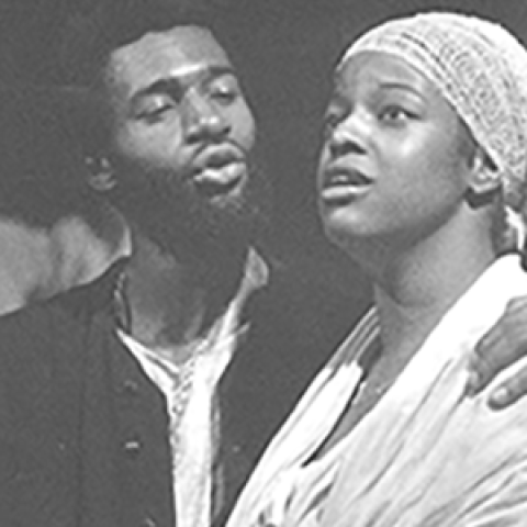A collage of three silver gelatin printed black and white images. A trio of folks in spandex, puppet characters, and two Black actors in stage lighting.