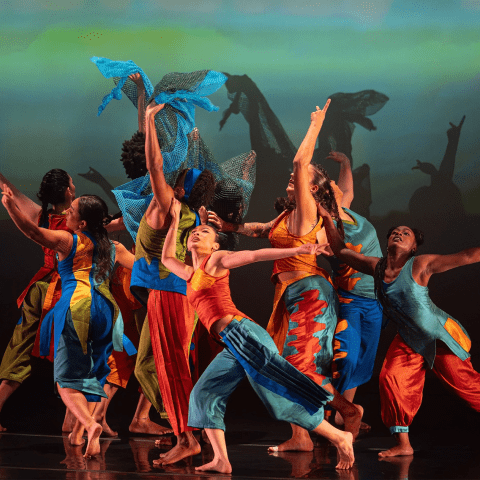 On a stage, folks in blues and oranges spread their arms and some hold blue wings above their heads.