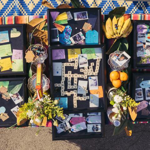 bird's-eye view of a colorful picnic blanket topped with black trays holding photographs, collages, scrabble tiles, fruit and flowers.