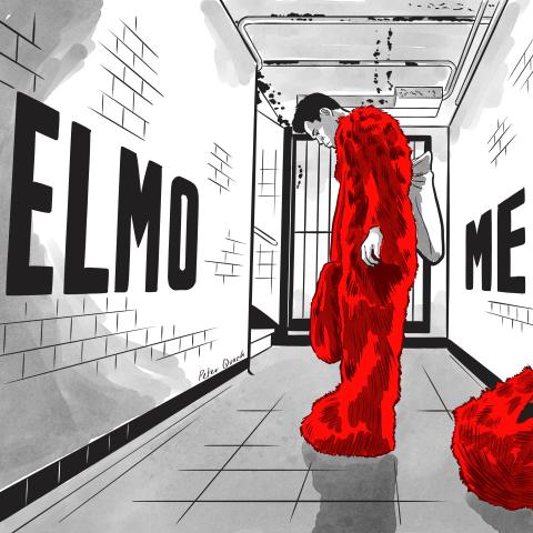 Illustration of a person in a red, furry Elmo costume with their head down. The text ELMO-MENTO.