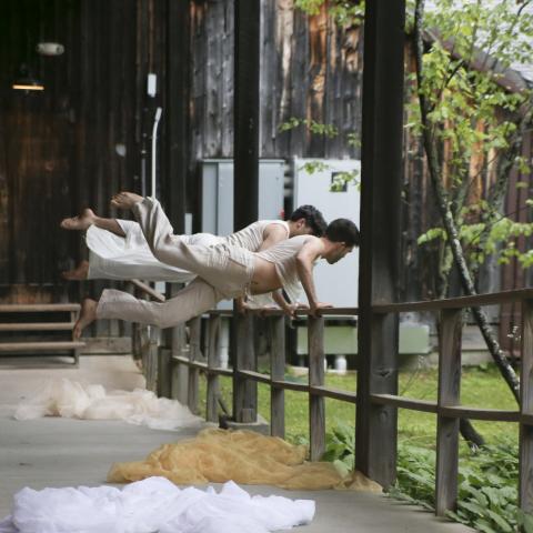 On a porch, two dancers, in matching costumes, leap while holding on to a railing.