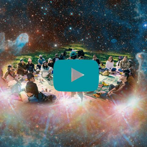 A teal play button over a collage of a group of folks meeting in a park, over a blue nebula.