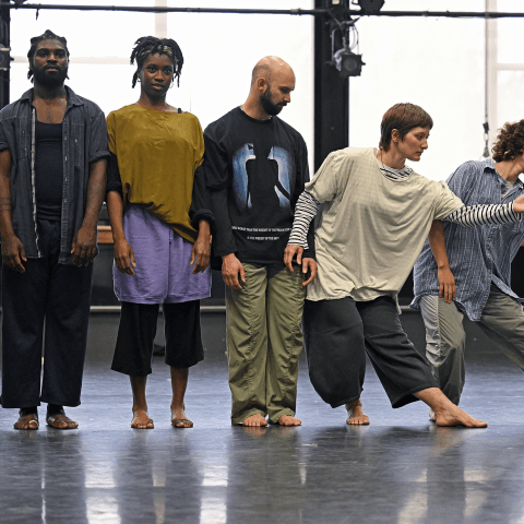 Six people stand in a land. Four of them stand still while the two on the right dance.