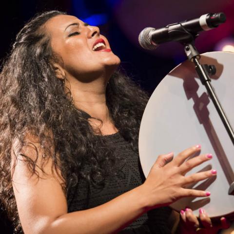 A woman with long dark hair singing into a microphone