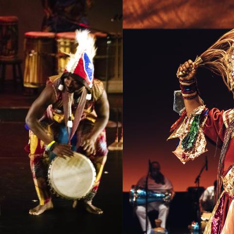 A collage of folks in traditional Afro-Cuban and Guinean garb. Bold prints. Bright colors. A drummer in a headdress. 