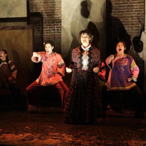 Five Chinese women in traditional colorful clothing standing next to each other with fighting poses and fierce facial expressions