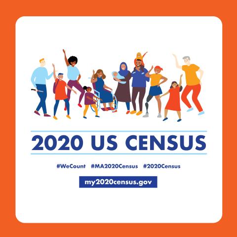 Cartoon image of 12 people representing a wide range of demographics looking happy . Text below it reads "2020 US Census, #WeCount, my2020census.gov"
