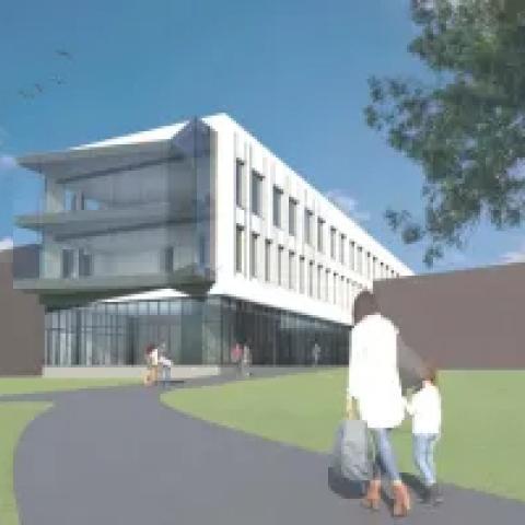 Rendering of a three story building. A woman walks a child along a path to the building.
