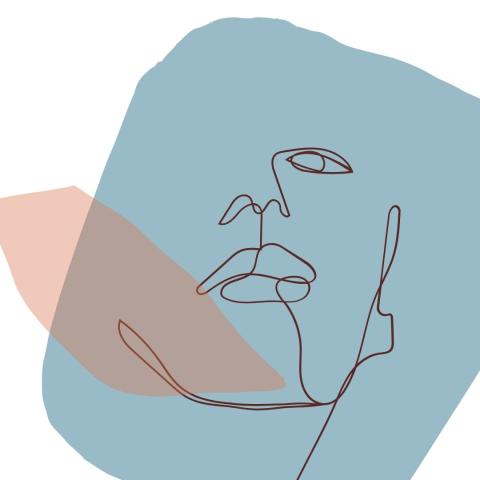 A line sketch of a face over blue and orange blobs.