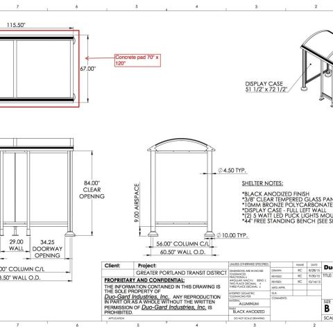 A diagram of the measurments of a bus stop shelter, with a pack panel and top arch.