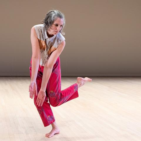 In pink pants and a multicolor tank top, Heidi holds her arms down and lifts her left leg up.