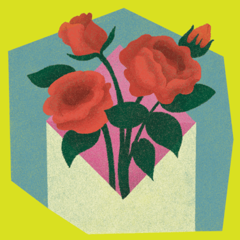 Contemporary Queer flier - with roses coming out of an envelope.