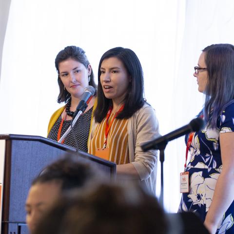 Three people speak from behind a podium.