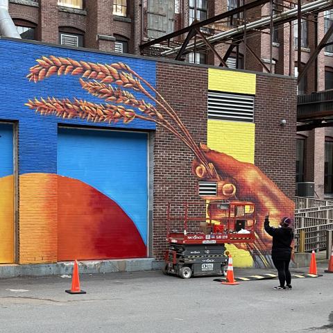 A person takes a photo, with their phone, of a mural of two hands holding grains and a flower over a sun-like orb.