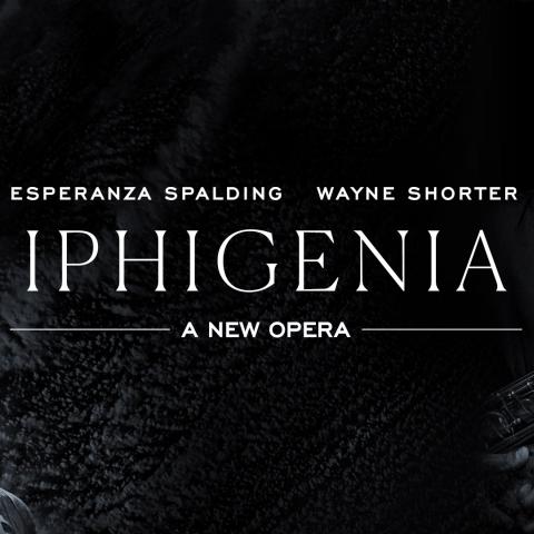 "Iphigenia: A New Opera" over portraits of Esperanza and Wayne.