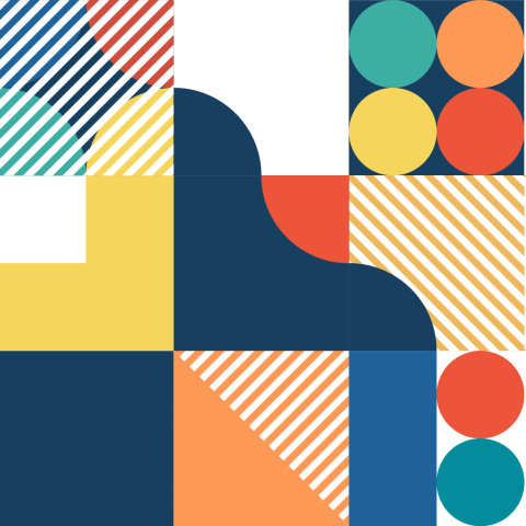Circles, squiggles, and horizontal stripes create a fun and colorful pattern.