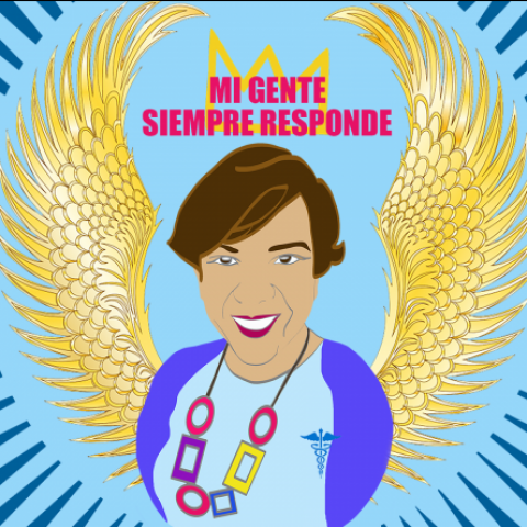 "Mi Gente Siempre Responde." A nurse with wings.